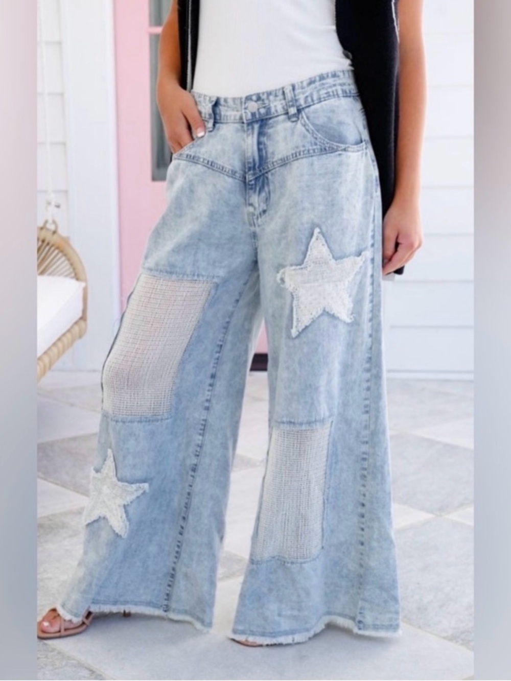 POL Light Wash Wide Leg Jeans with Star Patches
